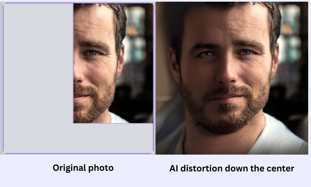 Artificial intelligence created a distortion of the man's face with a line down the center.