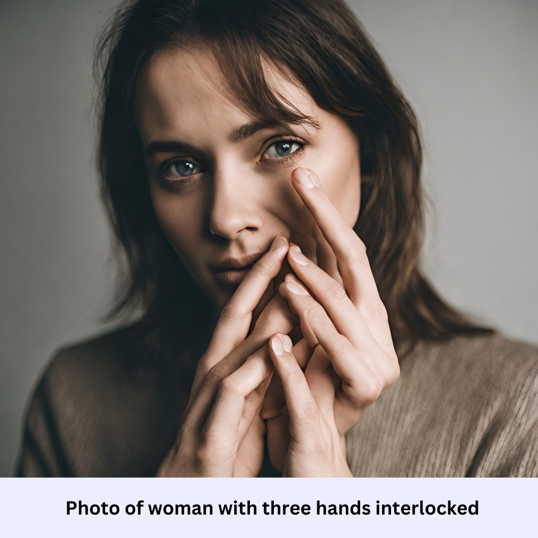 Artificial intelligence creates a photo of a woman with three hands interlocked.