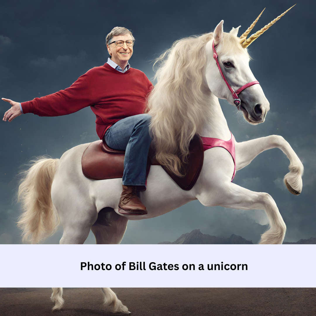 Bill Gates riding a unicorn is AI generated.