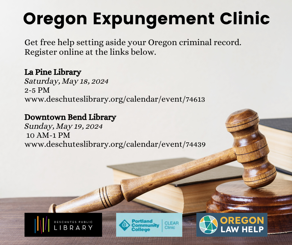 Get free help setting aside your Oregon criminal record at PCC CLEAR's Oregon Expungement Clinic in Bend on May 19.